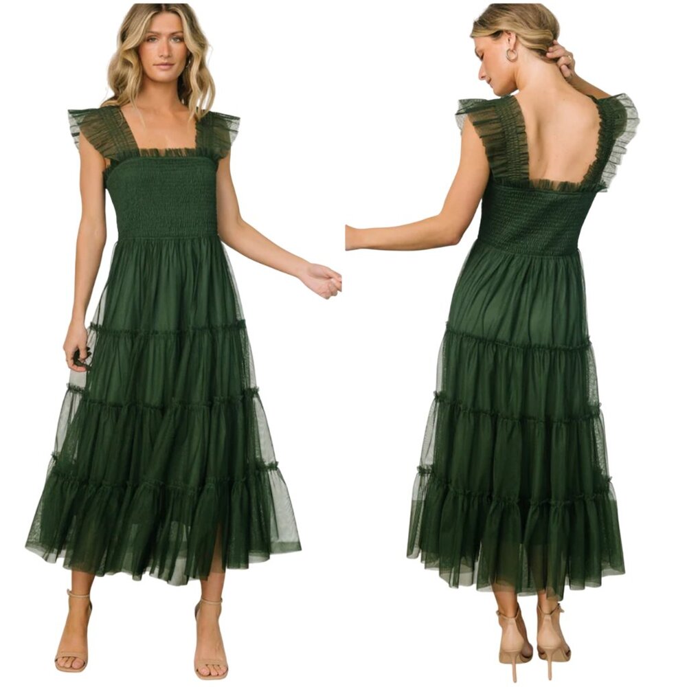 Baltic Born Dark Green Tiered Midi Dress